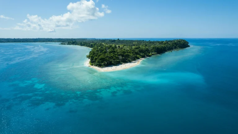 An aerial drone image of the Andaman island of Kadamtala, which has white sand beaches, blue coral reefs, and a thick tropical jungle.