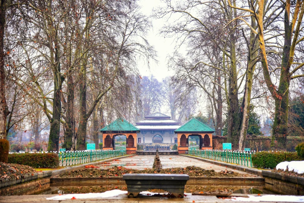 A beautiful Mughal garden in Srinagar with tall trees and traditional pavilions during winter.